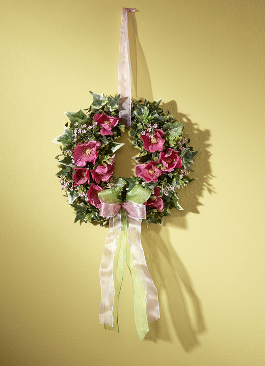 Kunst- & Textilpflanzen - Wandkranz mit rosafarbenen Cosmea-Blüten, in Farbe GRÜN-ROSA