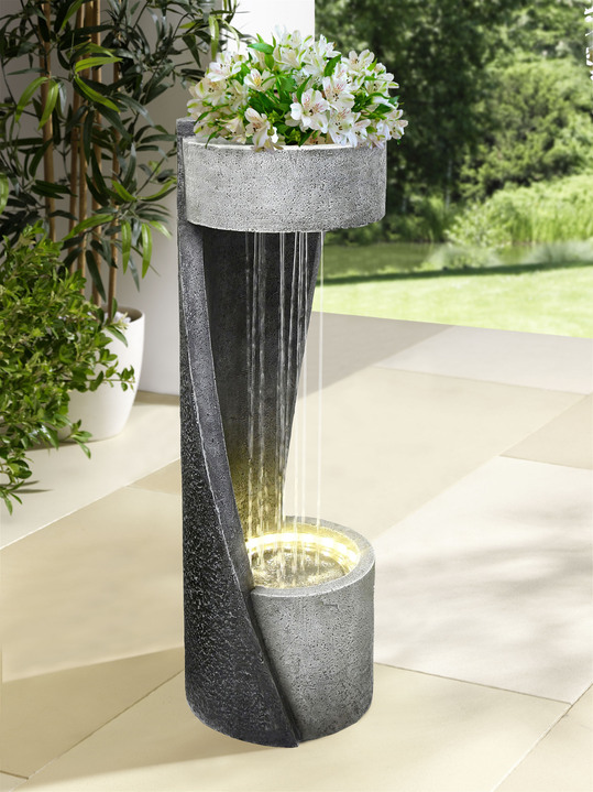 Gartendekoration - Gartenbrunnen mit Pflanzschale, in Farbe GRAU-SCHWARZ