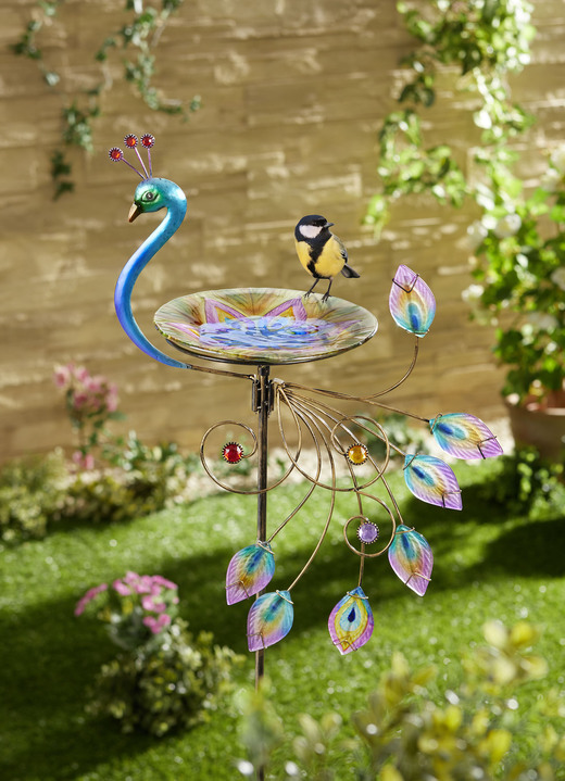 Gartendekoration - Vogeltränke in Pfauen-Form, in Farbe BUNT