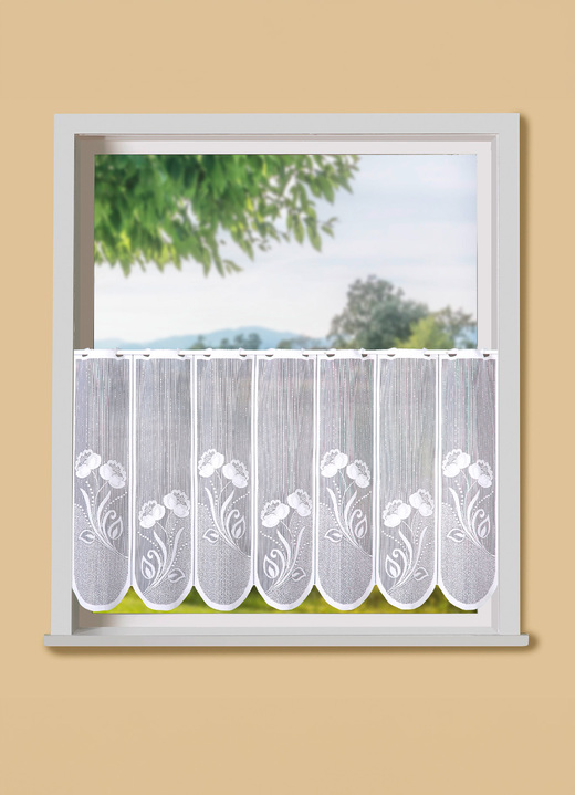 Klassisch - Kurzstore Blumen mit Stangendurchzug, in Größe 661 (H30xB102 cm) bis 858 (H60xB153 cm), in Farbe WEISS