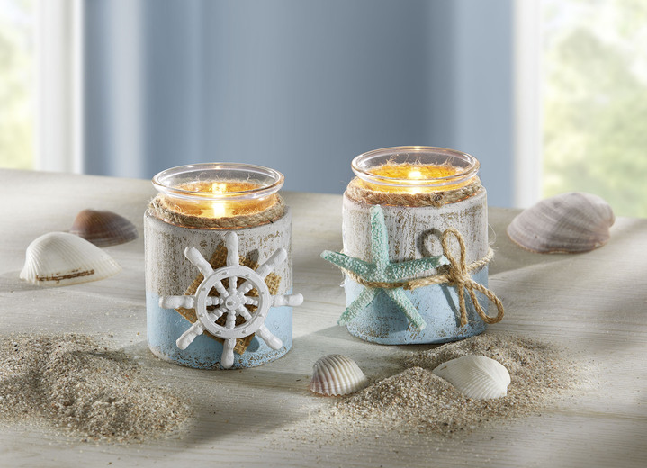 Wohnaccessoires - Maritime Teelichthalter aus Holz, 2er-Set, in Farbe WEISS-BLAU Ansicht 1