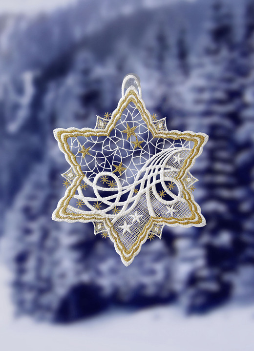 Fensterbilder - Stern-Fensterbild aus echter Plauener Spitze, in Farbe WEISS-GOLD