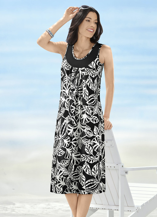 Strandmode - Klaus Modelle Kleid mit farbbrillantem Druckdessin, in Größe 040 bis 060, in Farbe SCHWARZ-WEISS