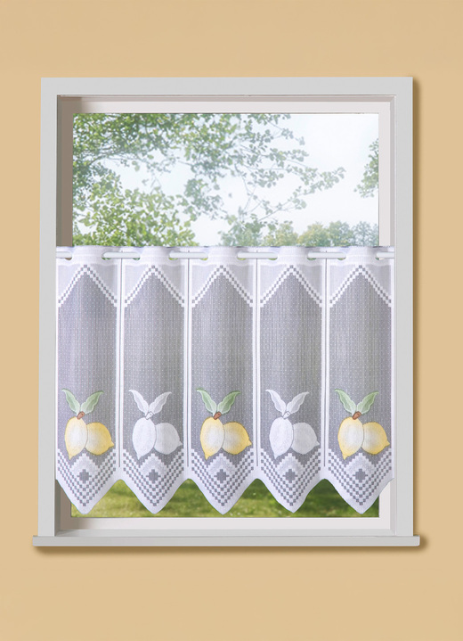 Landhaus & Küche - Handcolorierter Kurzstore mit gezacktem Abschluss, in Größe 119 (H50x B90 cm) bis 123 (H50xB195 cm), in Farbe WEISS-GELB