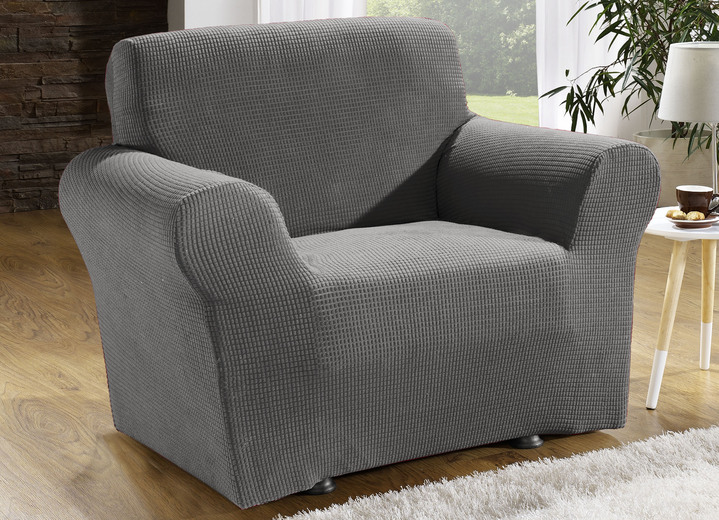 Sessel- & Sofaüberwürfe - Bi-elastische Stretchbezüge aus 92% Baumwolle, in Größe 101 (Sesselbezug) bis 106 (Stuhlbezug), in Farbe ANTHRAZIT Ansicht 1