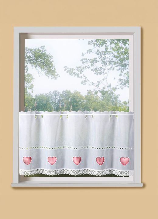 Landhaus & Küche - Kurzstore mit Macramé-Abschluss und Stangendurchzug, in Größe 661 (H30xB 90 cm) bis 859 (H60xB145 cm), in Farbe WEISS-ROT