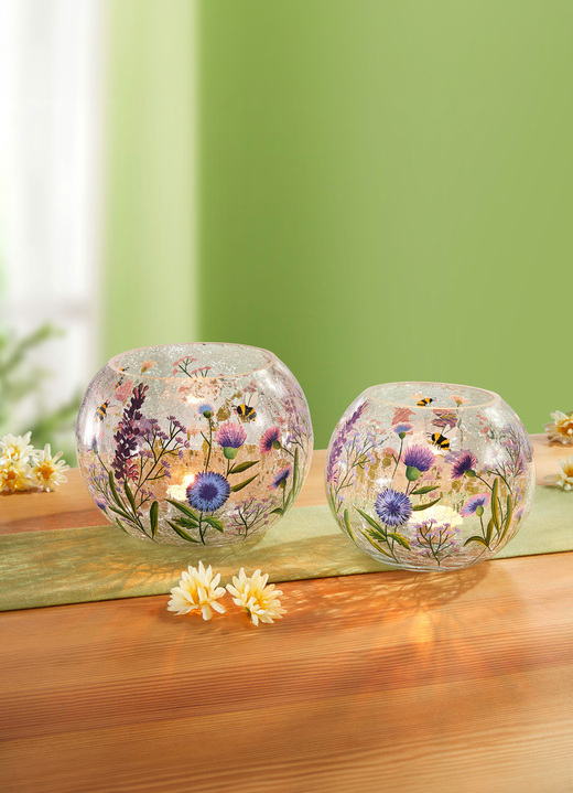 Wohnaccessoires - Windlicht mit Frühlingswiesen-Motiv, in Farbe LILA-GRÜN