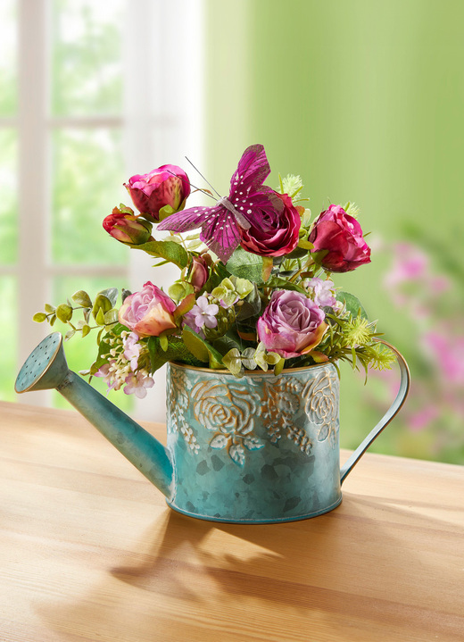 Kunst- & Textilpflanzen - Blumen-Gesteck in Gießkanne, in Farbe BUNT