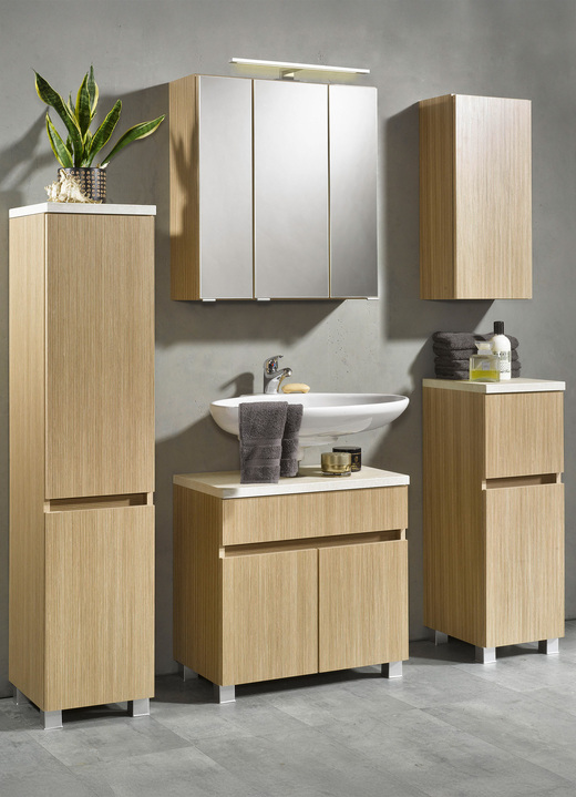 Badmöbel - Badmöbel-Programm, auch hängend montierbar, in Farbe EICHE HELL-BEIGE, in Ausführung Waschbecken-Unterschrank Ansicht 1