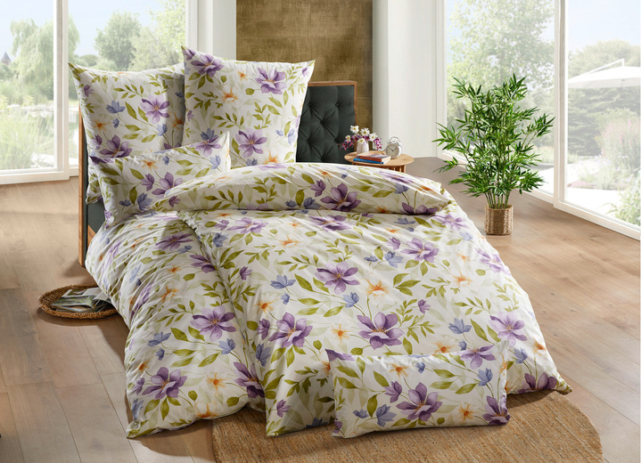 Bettwäschegarnituren - Fein-Renforcé Bettwäsche aus 100% Baumwolle, in Größe 111 (40x80 cm + 135x200 cm) bis 115 (80x80 cm + 155x220 cm), in Farbe CREME-FLIEDER Ansicht 1