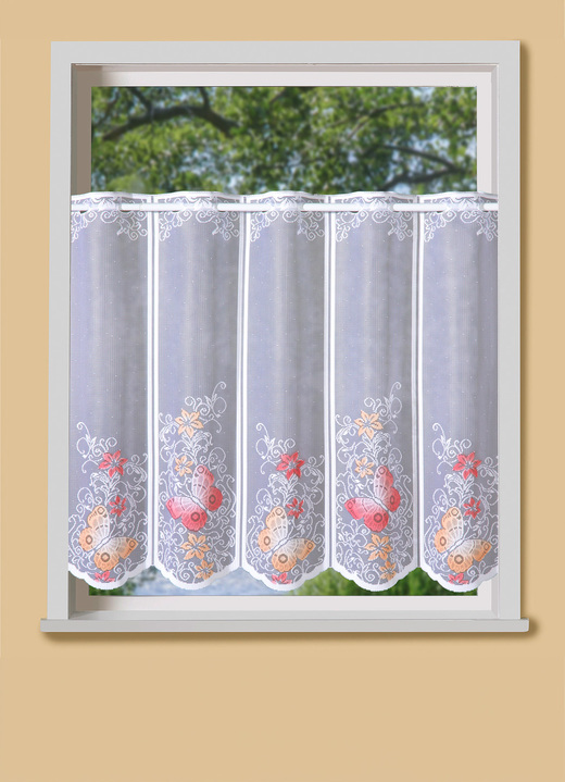 Landhaus & Küche - Handkolorierter Kurzstore mit Stangendurchzug, in Größe 661 (H30xB 93 cm) bis 859 (H60xB155 cm), in Farbe WEISS-BUNT