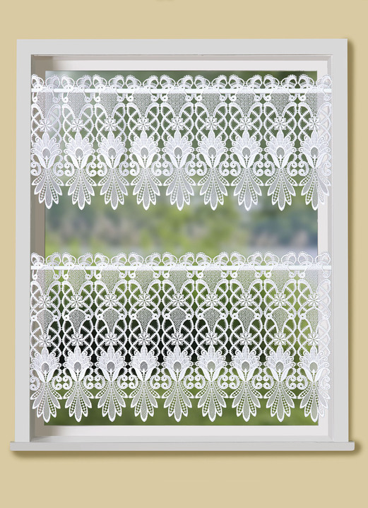 Heimtextilien - Kurzstore mit aufwendigem Macramé-Abschluss, in Größe 661 (H30xB 95 cm) bis 865 (H60xB200 cm), in Farbe WEISS