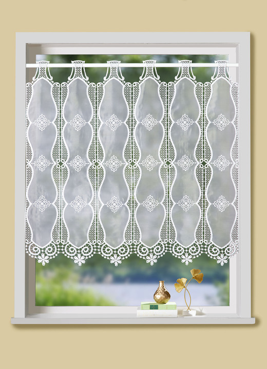 Landhaus & Küche - Kleinfenster-Store mit Macramé-Abschluss, in Größe 824 (H45xB100 cm) bis 899 (H90xB200 cm), in Farbe WEISS