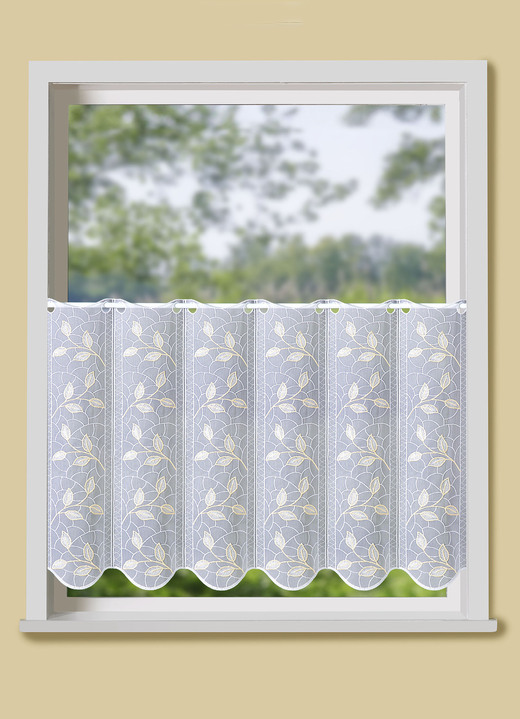 Landhaus & Küche - Kurzstore mit filigran gesticktem Blätterdessin, in Größe 662 (H30xB110 cm) bis 859 (H60xB145 cm), in Farbe WEISS-SAND Ansicht 1