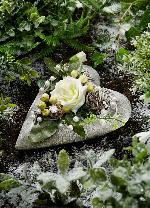 Gartendekoration - Herz mit Rose, in Farbe GRAU-WEISS