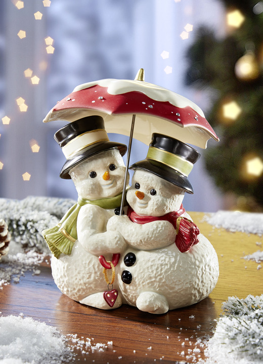 Goebel-Figuren - Schneemannpaar mit Schirm, in Farbe WEISS-ROT-SCHWARZ