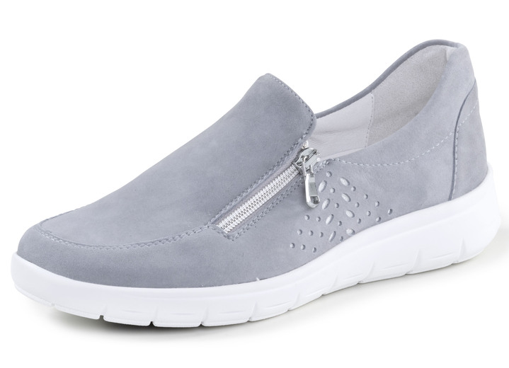 Komfortschuhe - ELENA EDEN Slipper aus hochwertigem Veloursleder mit Zier-Perforation, in Größe 3 1/2 bis 8, in Farbe BLEU Ansicht 1