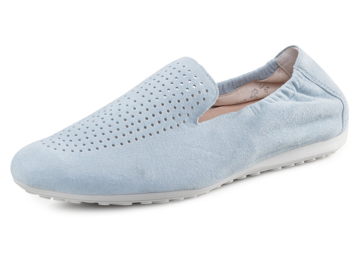Komfortschuhe - ELENA EDEN Slipper aus weichem Veloursleder mit luftiger Perforation, in Größe 3 1/2 bis 8, in Farbe HELLBLAU Ansicht 1
