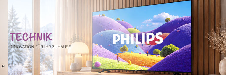 Moderner Philips-Fernseher mit farbenfrohem Bildschirm in gem&uuml;tlichem Wohnbereich mit winterlichem Ausblick.