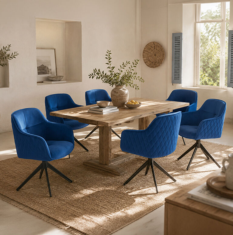 Esstisch aus Holz mit 6 blauen St&uuml;hlen