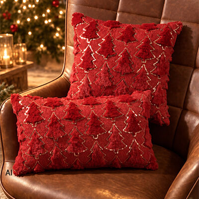 Zwei rote Dekokissen mit Weihnachtsbaum-Motiven und goldfarbenen Akzenten auf einem braunen Sessel
