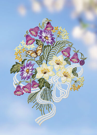 Fensterbild mit Blumenstrauß aus  Plauener Spitze 