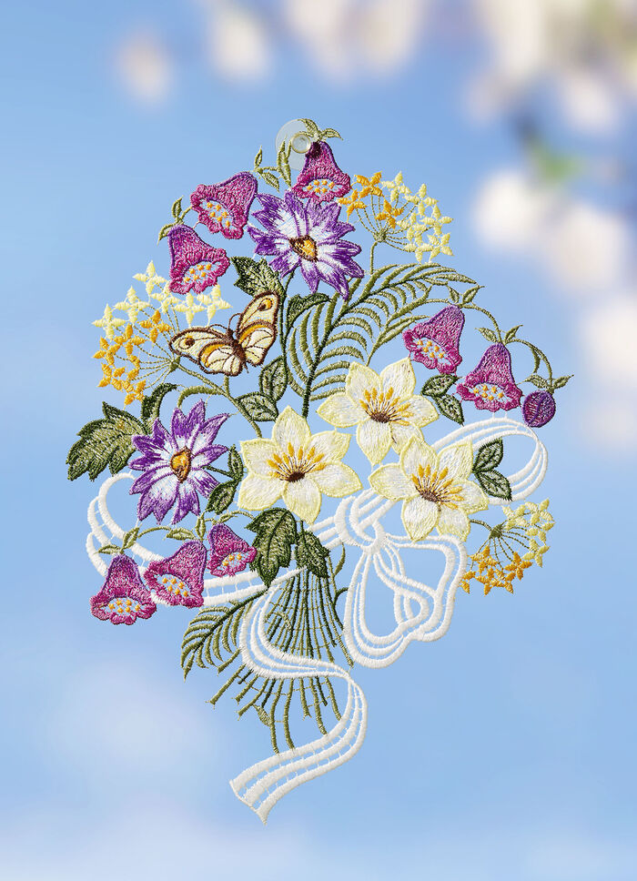 Fensterbild mit Blumenstrauß aus  Plauener Spitze 