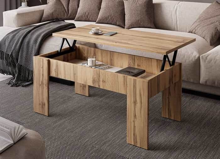 Couchtisch mit hochklappbarer Tischplatte und Staufach WOTANEICHE