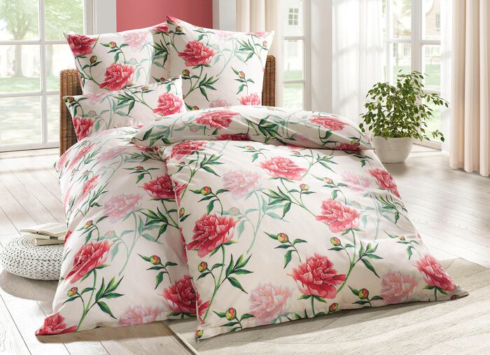 Bettw&auml;sche-Garnitur mit floralen Motiv CREME