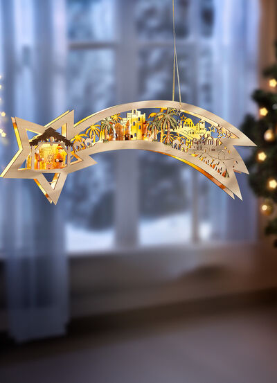 Beleuchtete Sternschnuppe aus Holz 