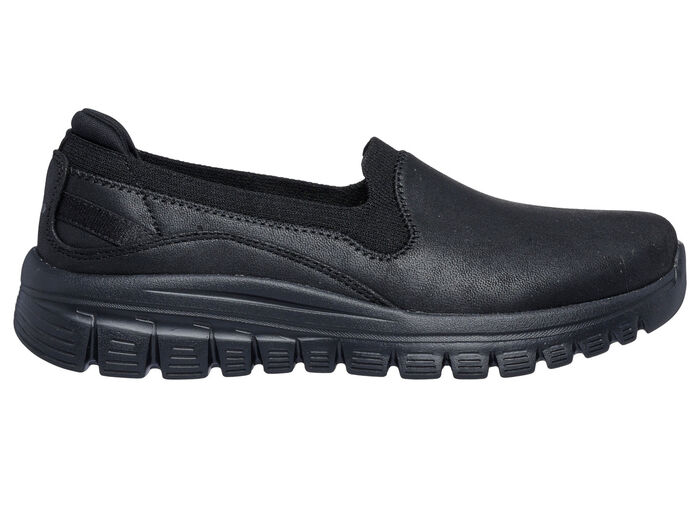SKECHERS, klassiche Damen-Slipper, aus Synthetik und elastischem Strick-Material SCHWARZ