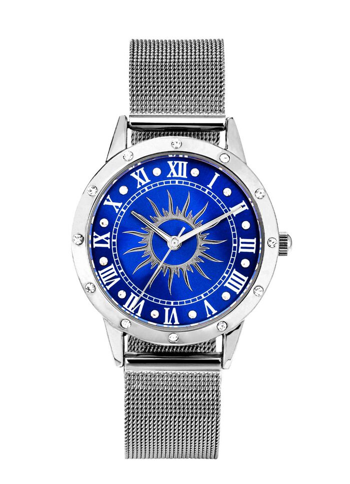 Silberfarbene Damenuhr mit Sonnenmotiv und Kristallakzenten 