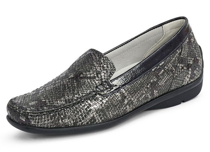 Waldläufer Mokassin-Slipper mit moderner Reptilprägung ANTHRAZIT