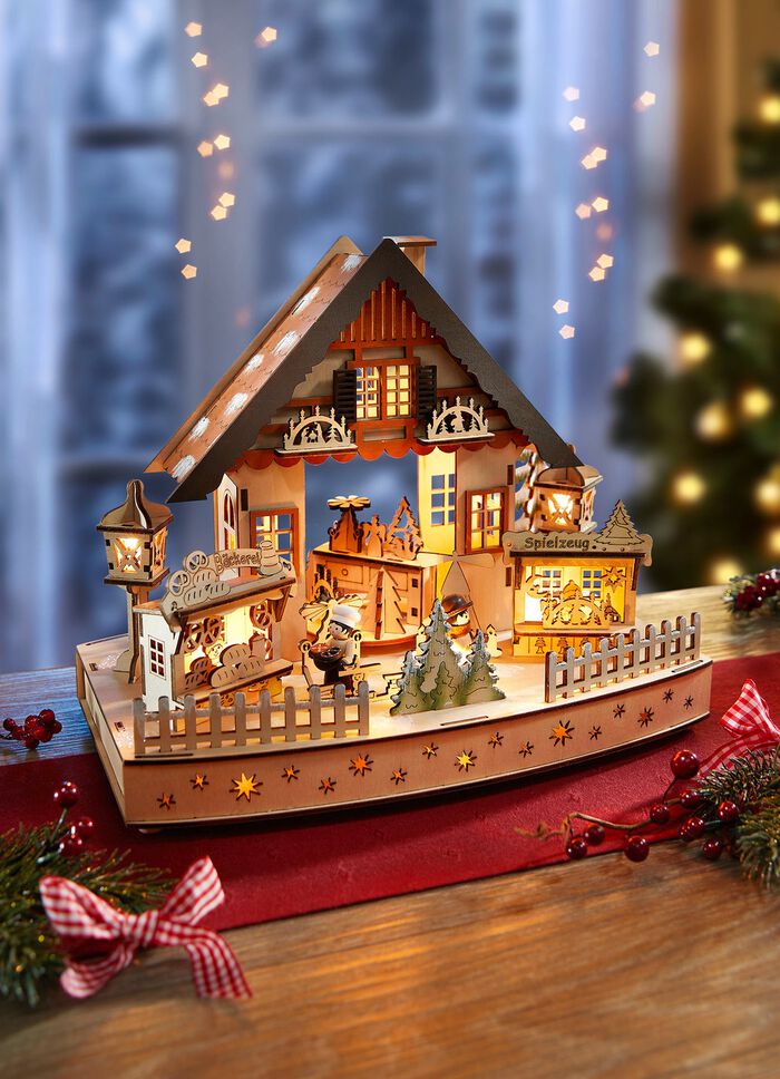 Beleuchtete Holzdekoration mit Spielwerk 