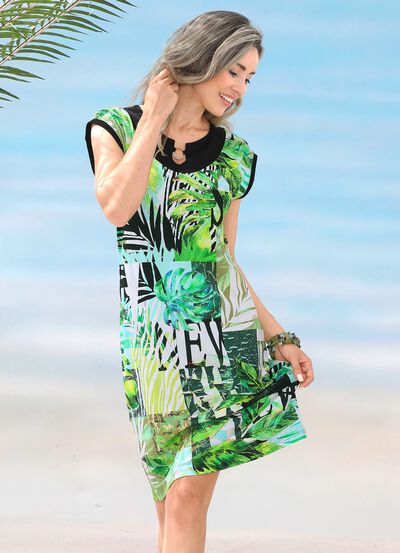 Kleid mit farbbrillantem Druckdessin und &uuml;berschnittenen &Auml;rmeln 