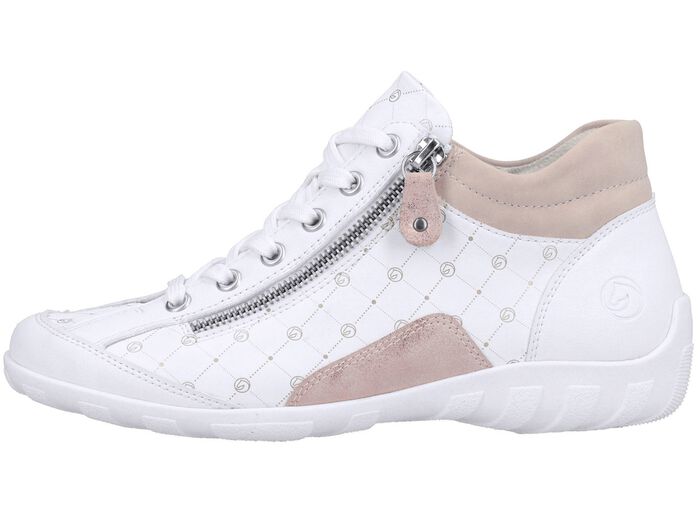 Remonte Schn&uuml;r-Bootie aus bedrucktem und metallisch schimmerndem Synthetikmaterial WEISS-PUDERROS&Eacute;