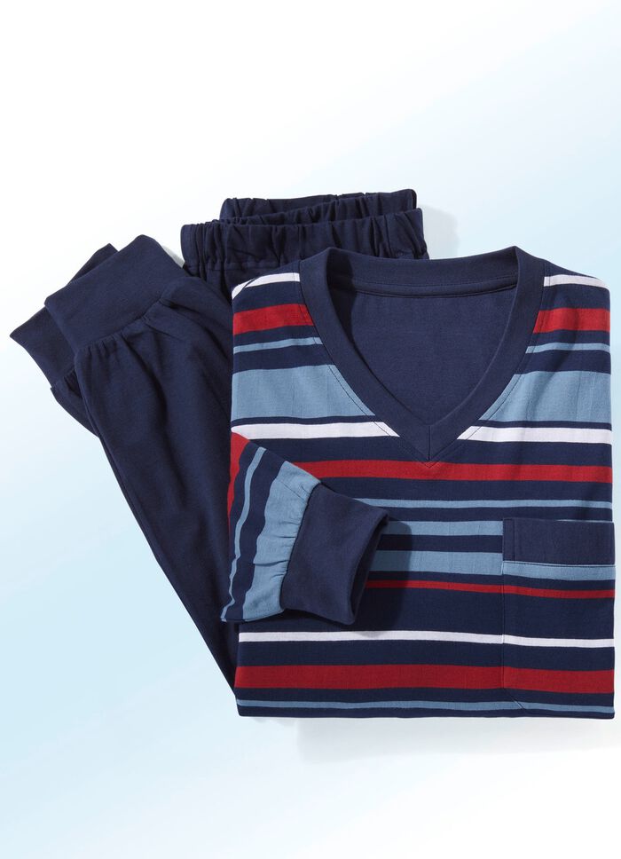 Zweierpack Schlafanz&uuml;ge mit V-Ausschnitt und garngef&auml;rbtem Ringeldessin 