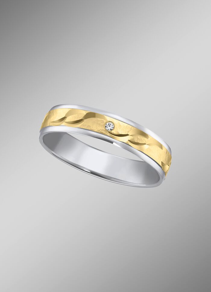 Trauring in Bicolor mit geh&auml;mmerten Glanzschnitten 