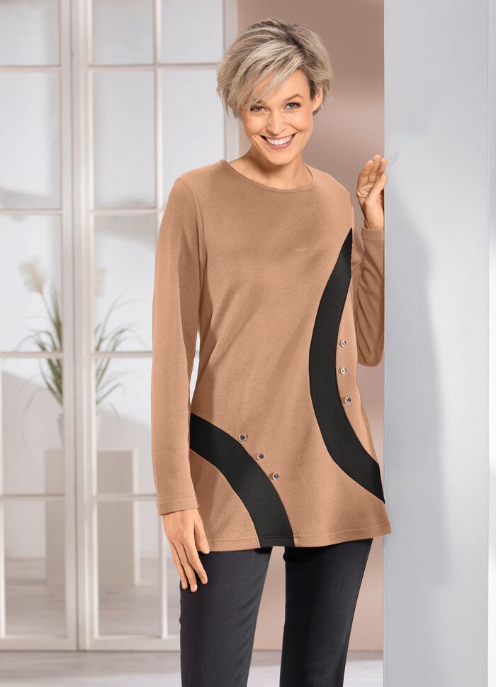 Sweatshirt mit kontrastfarbenen Eins&auml;tzen in 2 Farben CAMEL-SCHWARZ