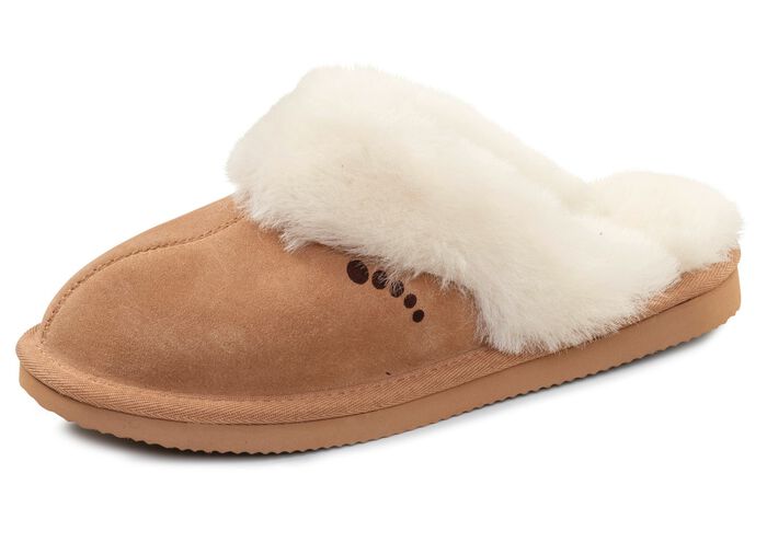 ELENA EDEN, warme Damen-Hausschuhe, mit Lammfell CAMEL