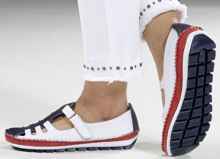 Gemini, klassische Damen-Slipper, Weite G, mit herausnehmbarem Fußbett WEISS-MARINE-ROT