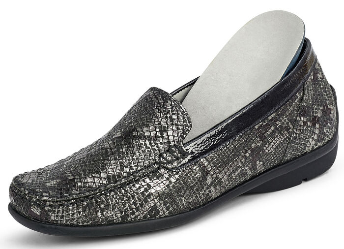 Waldläufer Mokassin-Slipper mit moderner Reptilprägung ANTHRAZIT