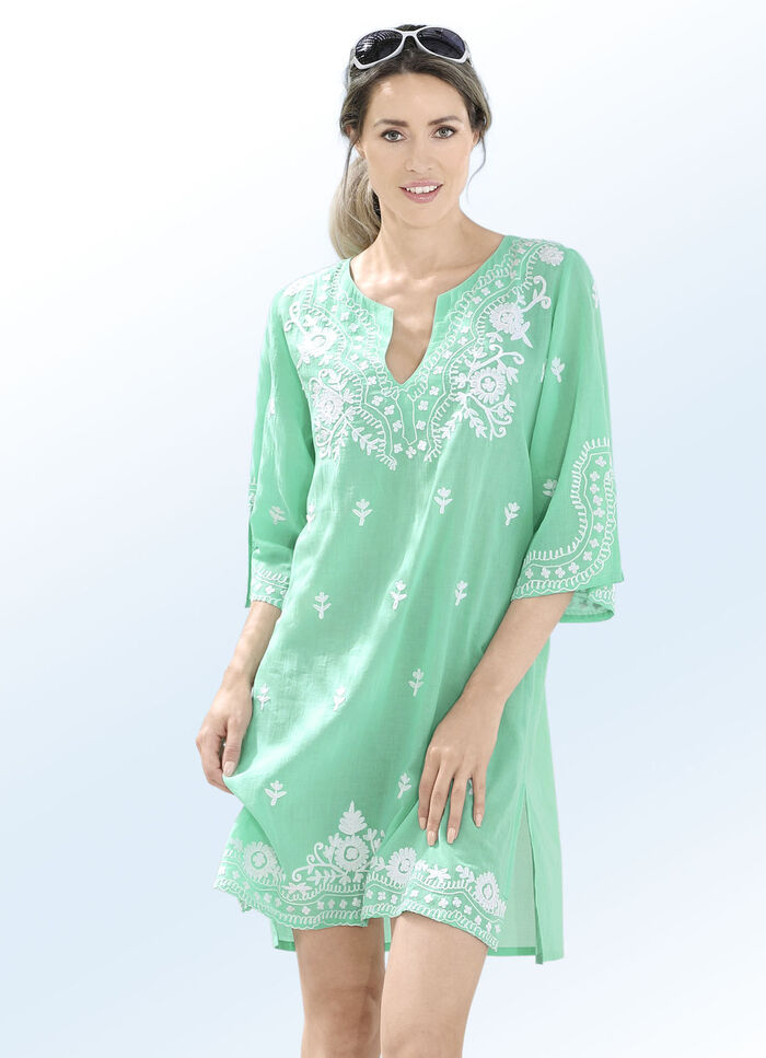 Tunika mit weißer Stickerei sowie Seitenschlitzen, reine Baumwolle MINT-WEISS