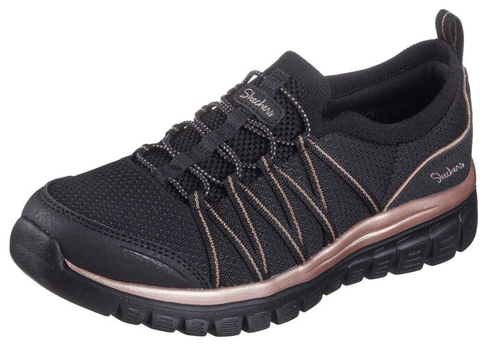 SKECHERS,  trendige Damen-Slipper, aus gestricktem Mesh-Material SCHWARZ-ROS&Eacute;GOLD