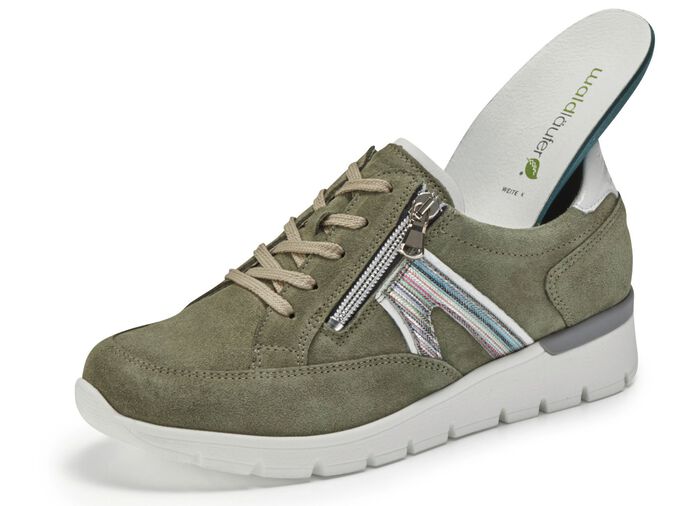 Waldl&auml;ufer Schn&uuml;rschuh aus interessantem Materialmix OLIV-WEISS