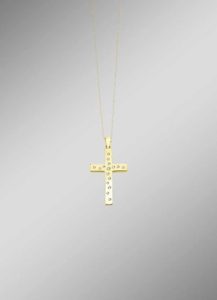 Beidseitig tragbarer Kreuz-Anhänger mit synth. Zirkonia 