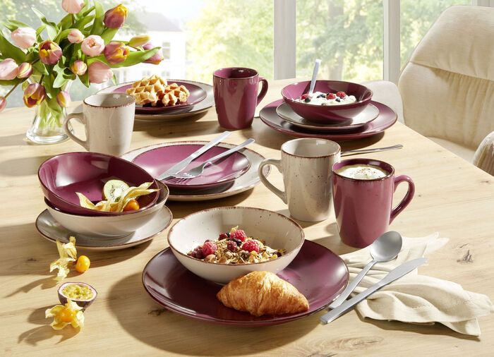 Kombi-Service, 16-teilig, aus Feinsteinzeug im Natur-Look BEIGE-BEERE