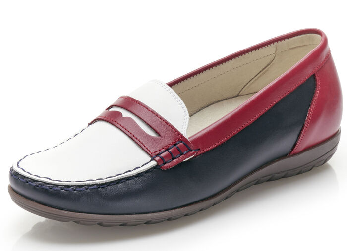 Waldläufer Mokassin-Slipper mit herausnehmbaren Lederfußbett BLAU-WEISS-ROT