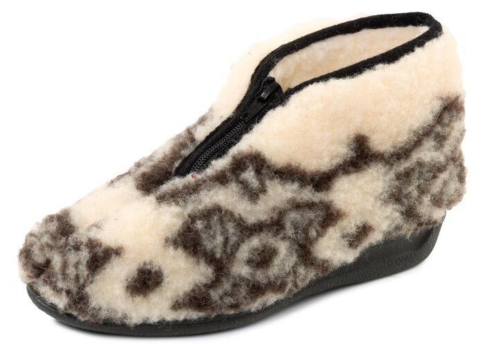 Warme Damen-Hausschuhe, mit Rei&szlig;verschluss ECRU-BRAUN