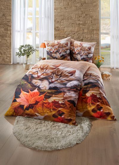 Bettwäsche-Garnitur mit Kätzchen im Herbstlaub-Motiv 